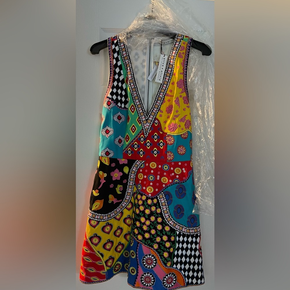 Alice + Olivia Tennis Patchwork Embellished Embroidered Dress Size 10